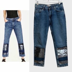 NWOT ZARA Basic Denim Sequin Patchwork Jeans Women's Size 4 Ankle Boyfriend Fit